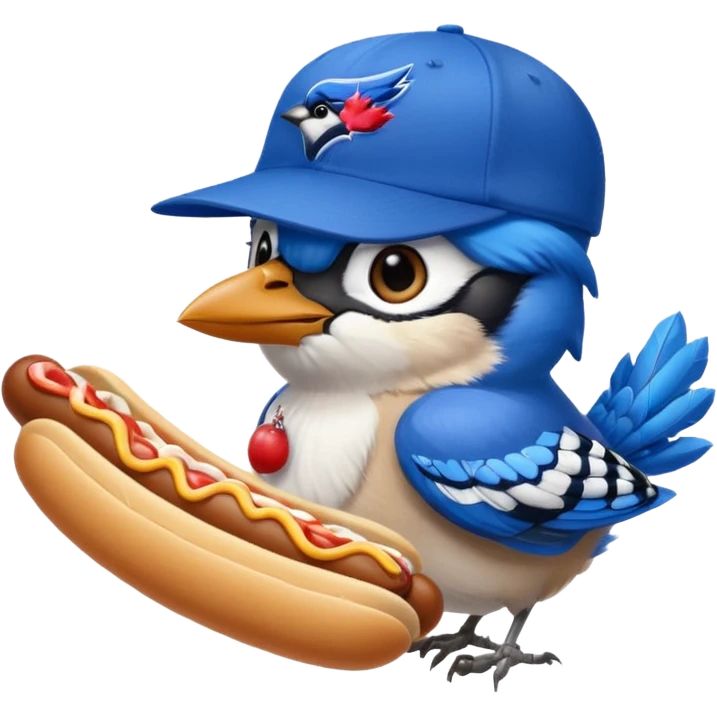 bluejay bird, eating hot dog,with blue jays baseball hat emoji