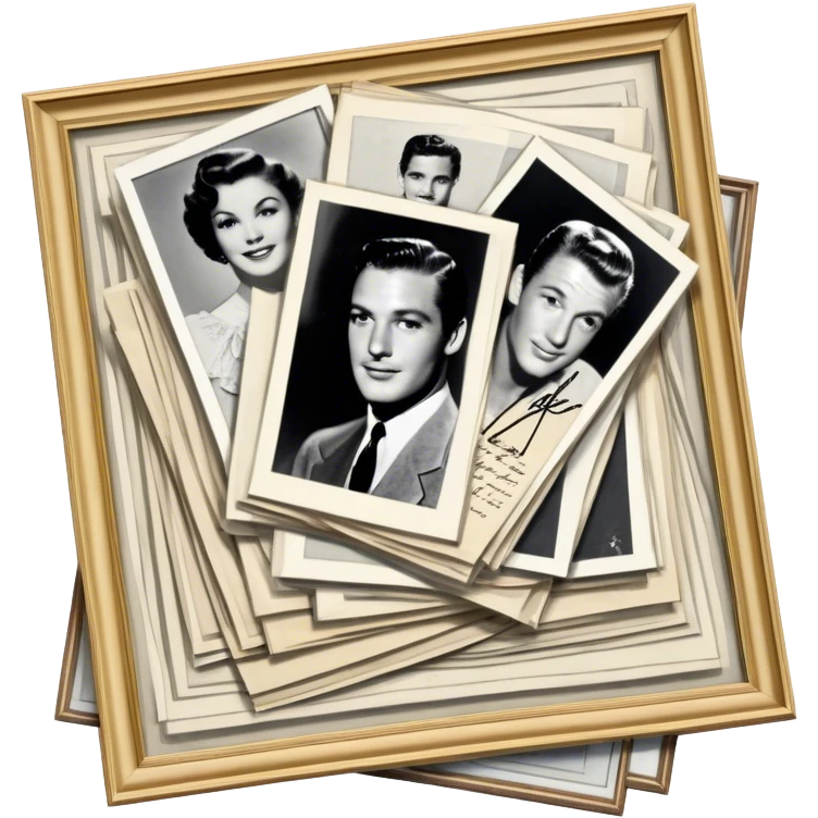 Icon for Autograph Collecting: several vintage framed with signatures of famous celebrities sheets stacked one on top of the other, each . The icon should evoke the charm and history of collecting autographs. Transparent background. emoji
