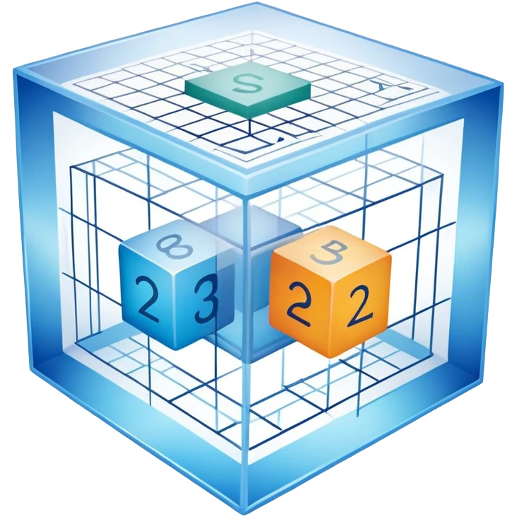 An icon featuring a transparent cube with geometric sections and mathematical calculations, symbolizing the study of mathematics. The design includes algebraic formulas, graphs, and mathematical symbols, representing advanced mathematical concepts and problem-solving. Transparent background emoji