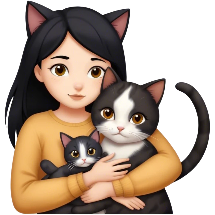girl with black hair hugging three cats  (dark calico cat, gray cat, brown calico cat) emoji