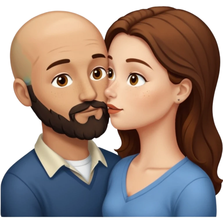 Couple. Bald man with dark brown-black beard. White woman with many small, faded freckles, she has white skin and she has auburn-brown-cinnamon, dark long hair. She has light brown eyes. The man have hazel eyes. Retro style. They kiss. emoji