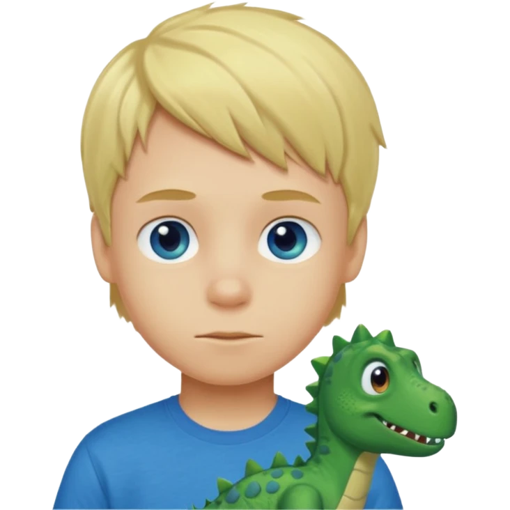 A blond boy with blue eyes wearing a green dinosaur T-shirt emoji