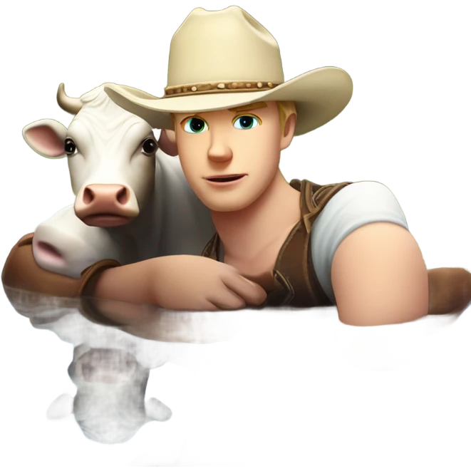 White boy withba cowboy had laying his head on top of a cow in a beautiful pond with sunset  emoji