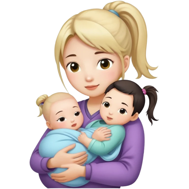 Ponytail chinese girl hugs a newborn baby and a girl emoji