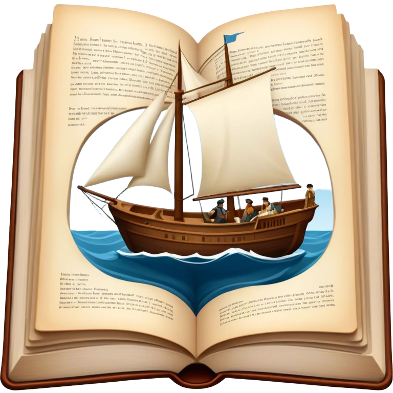 Icon for Reading Fiction: a large open book with pages turning, a sailboat sailing across the pages, Musketeers on horseback, Sherlock Holmes and other literary elements. The icon should evoke the adventurous spirit of storytelling. Transparent background. emoji