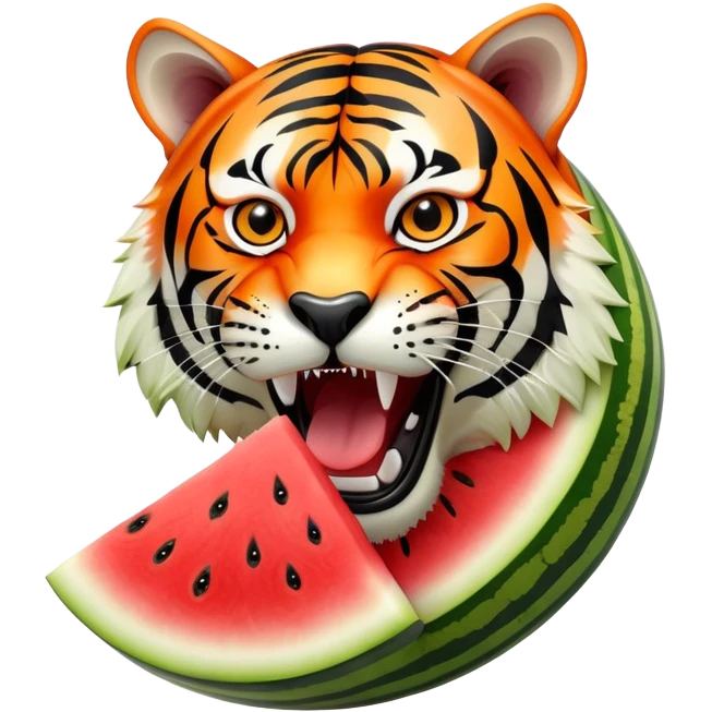 Half sliced watermelon with an orange and black striped tiger head growling emoji