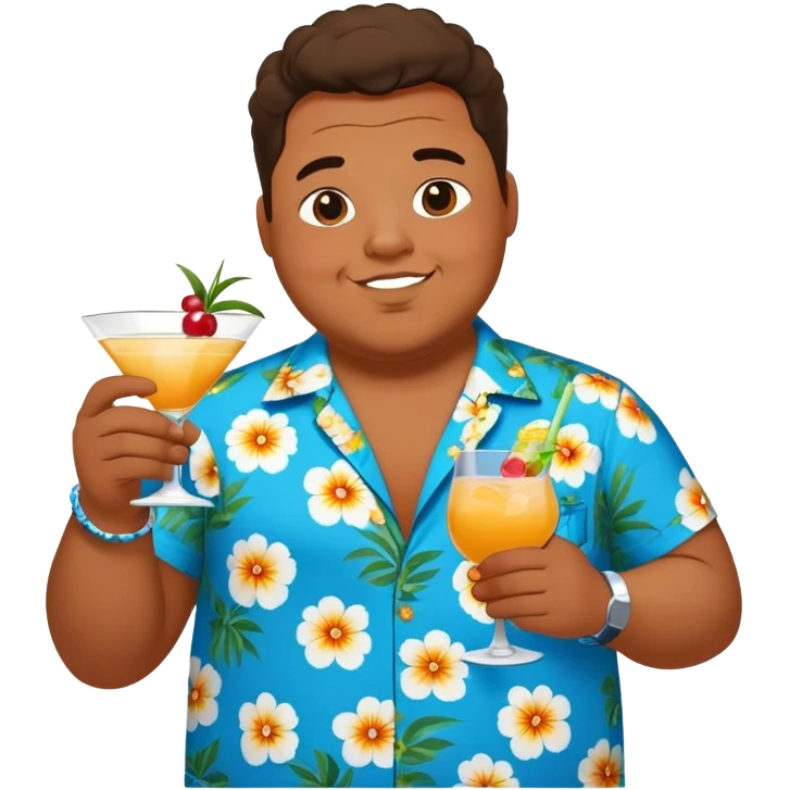 chubby guy full figure in a flowered azure havai shirt holding a cocktail emoji