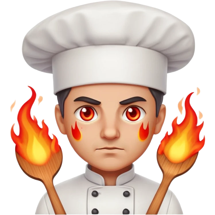 focused chef with glowing red eyes, flames bursting emoji