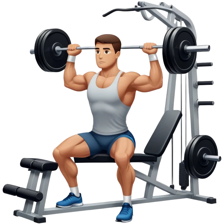 A focused athlete using a gym machine, lifting weights with determination. The gym has modern equipment, mirrors reflecting strength, and a motivating atmosphere. The athlete's concentration shows dedication and commitment to fitness emoji