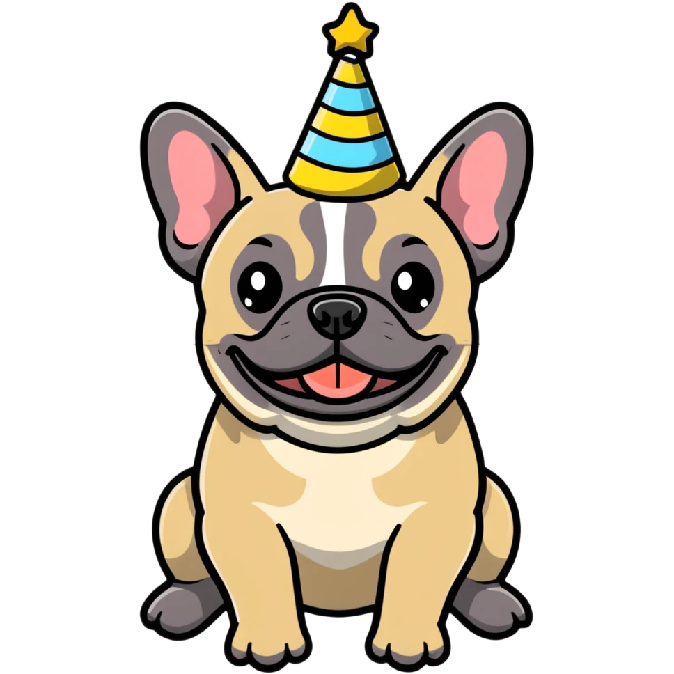 Brindle French Bulldog holding a happy birthday sign emoji