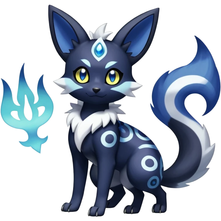 Shiny Exotic Badass Colorful Ethereal Royal Mysterious Gothic Meowstic-Umbreon-Pokémon-Fakémon-hybrid-creature (full body) with random pattern-markings emoji