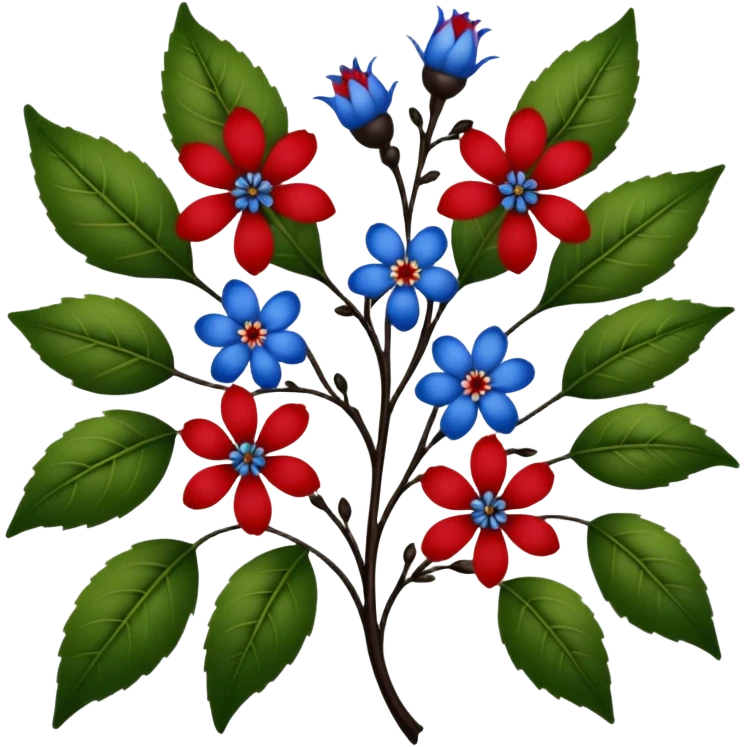 dull green leaves & red & blue flowers filigree design, small fruits, ebony branches, extremely detailed, complex design emoji
