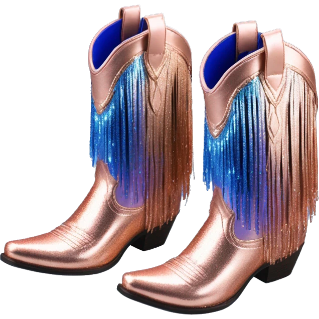 Realistic rose gold and royal blue ombre pair of fashion cowgirl boots with sparkly shiny glitter fringe on them. emoji