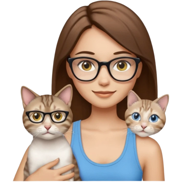 iOS-style emoji of a light-skinned girl with straight medium brown hair, black glasses and a white tank top, holding two cats: one white with yellow eyes and one gray tabby Siamese with blue eyes. emoji