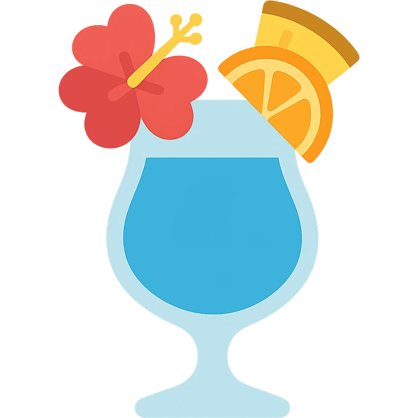 vibrant tropical fruity blue cocktail with hibiscus, pineapple and orange garnishes emoji