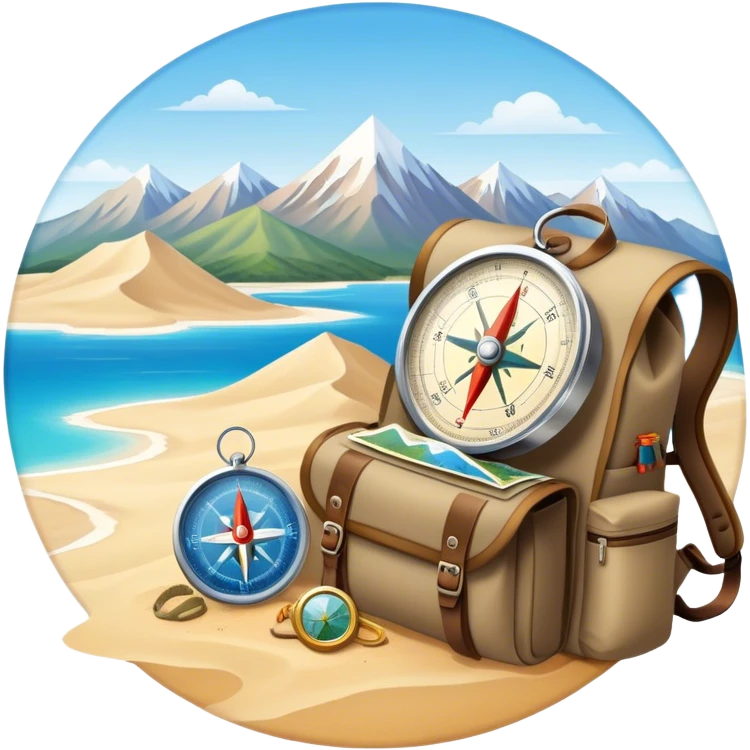 Icon for Expeditions: a compass, a map, and a backpack with trekking gear, set against a backdrop of snowy mountains, sand dunes, and tropical islands. The icon should represent the spirit of adventure and exploration in diverse landscapes. Transparent background. emoji