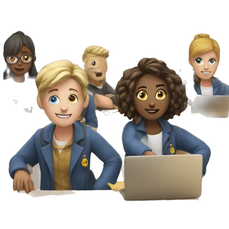 2 European students sitting at desks. They are throwing bags emoji