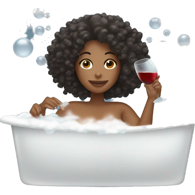 Woman with curly hair drinking wine in a bubble bath emoji
