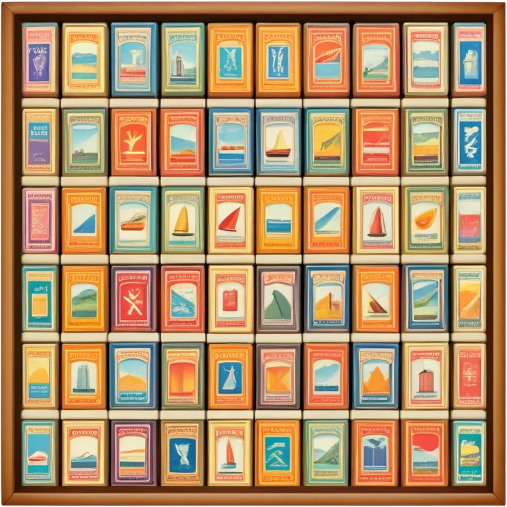 Icon for Matchbox Collecting: a collection of vintage and colorful matchboxes from different places, neatly displayed in a row or in a display case. The icon should reflect the uniqueness and diversity of matchbox collecting. Transparent background. emoji