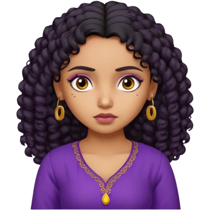 a tan pretty bratz indian girl with curly black hair, looking sad. purple kurti emoji