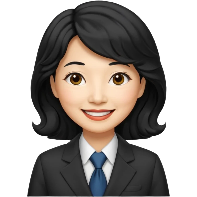 60 yr old asian woman, wavy thick black hair, side part, side swept bang, big smile, business suit emoji