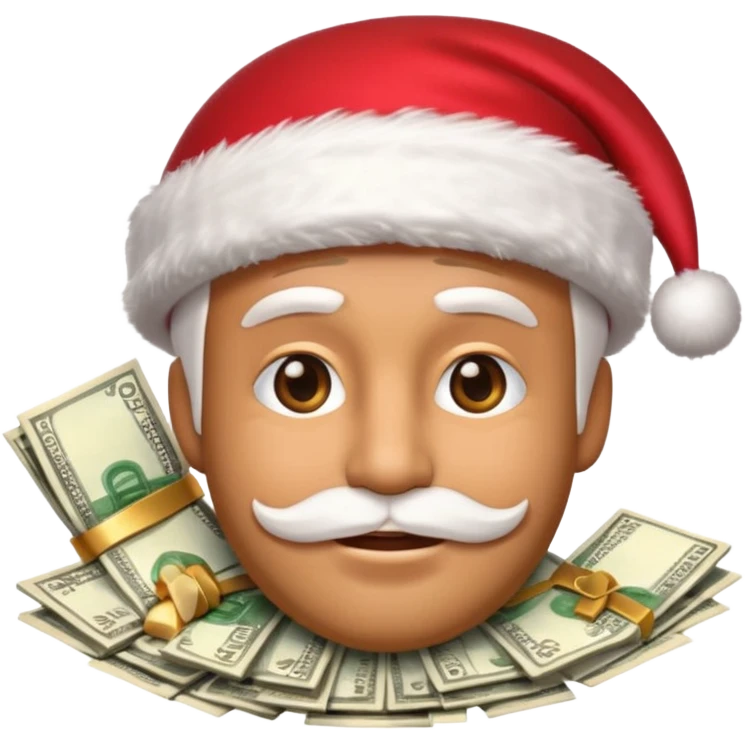 A confident rich emoji face wearing a Santa hat, money stacks, casino vibe, New Year theme, premium 3D emoji style, sharp details, no text, isolated on transparent background emoji