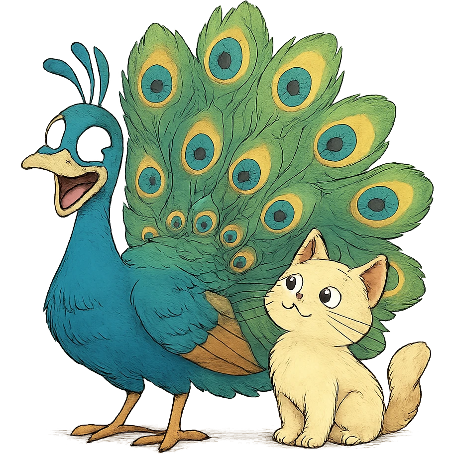 silly peacock with a cat in ghibli style emoji