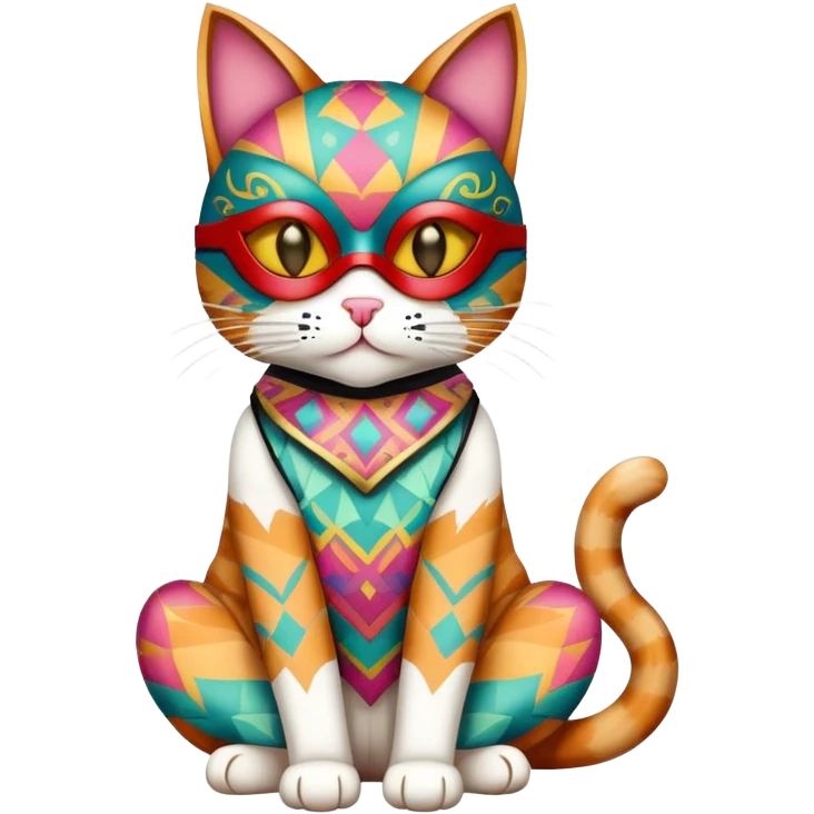 cat full body sitting with colorful patterned mask emoji
