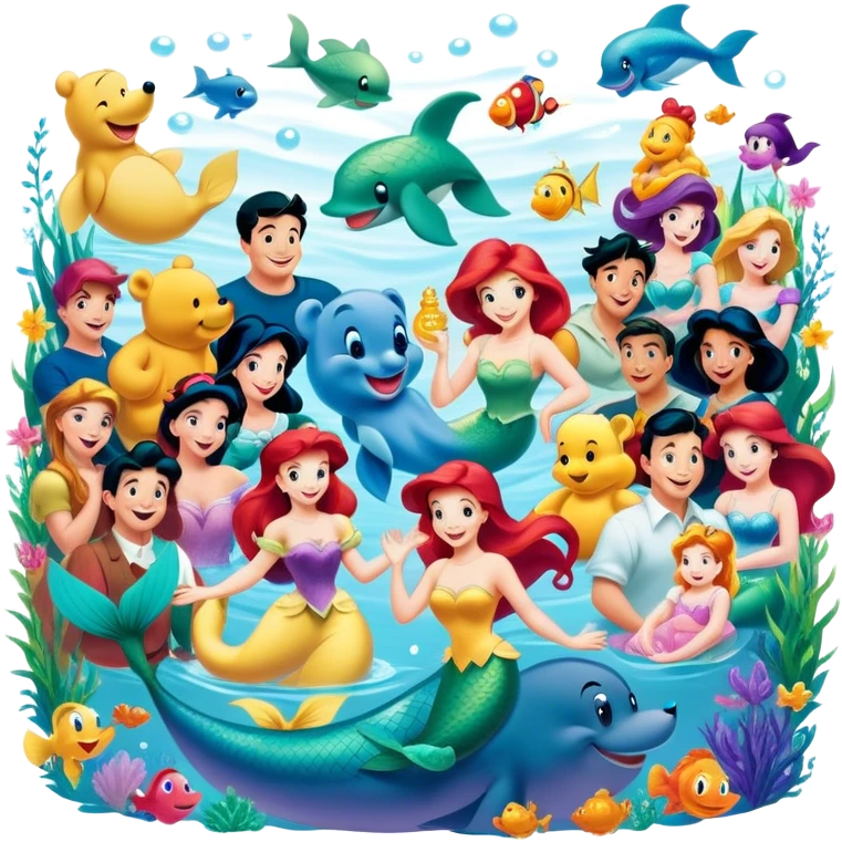 Icon for Animated Characters: A colorful, large-scale collage of beloved cartoon characters, including Franco, Mickey Mouse, Winnie-the-Pooh, Ariel the Little Mermaid, Jasmine and others. Bright and vibrant, full of whimsical charm. Transparent background. emoji