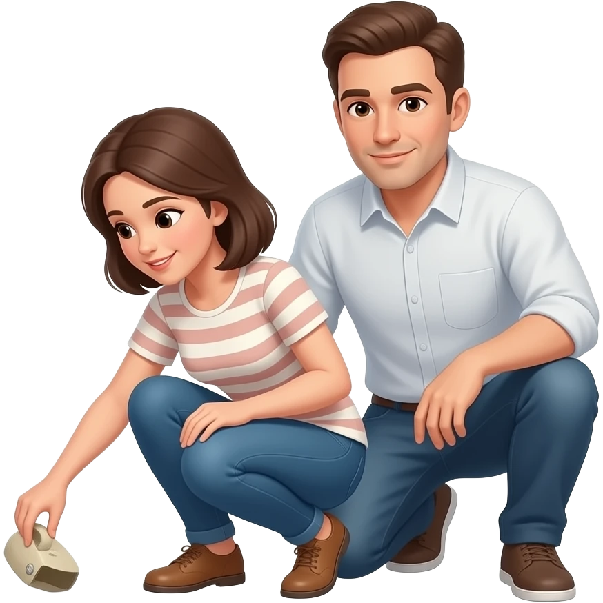 Une femme accroupie qui ramasse un objet avec un homme derrière lui emoji