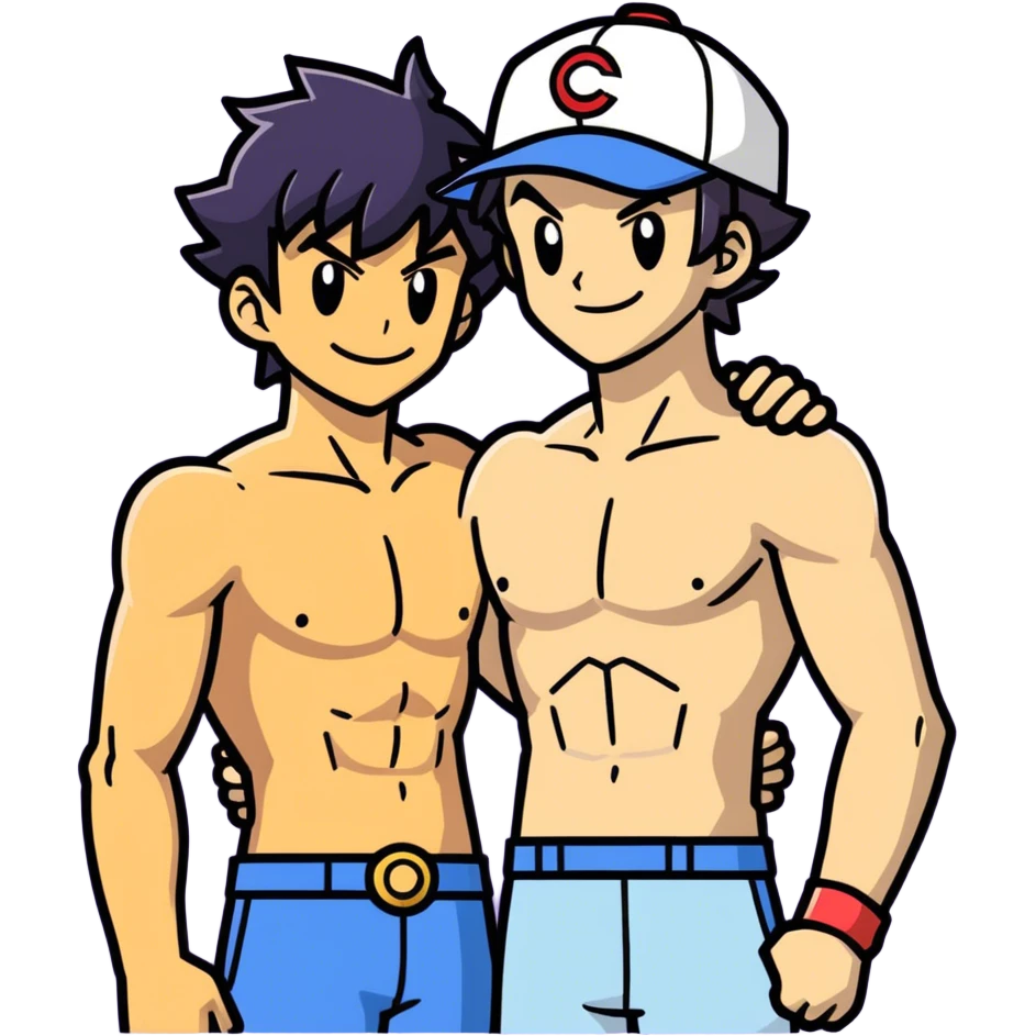 Hot handsome muscular 6ft 5inch tall smiling happy fun shirtless Ash Ketchum hugging his best friend  emoji