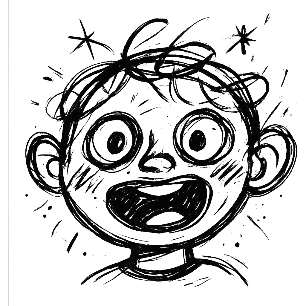 chaotic black and white icon with expressive lines of a child boy's face emoji