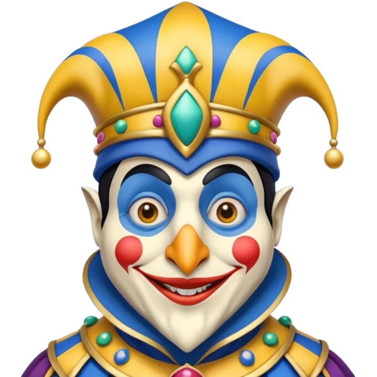 crazy colorful neutral penguin jolly joker, medieval, vintage, court jester, mac os icon, blue color emoji
