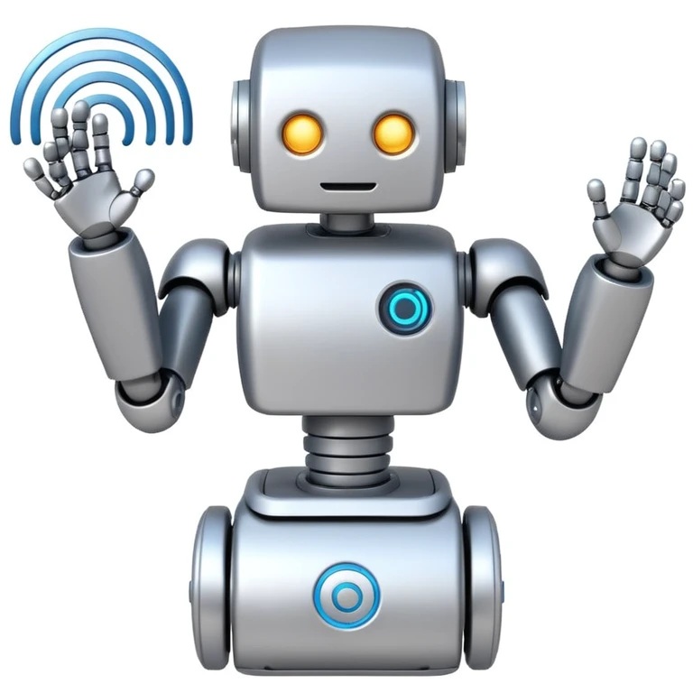 robot with Wi-Fi waves coming from its antenna, white background emoji
