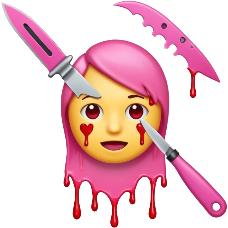 A emoji with a pink knife through its head and pink blood emoji