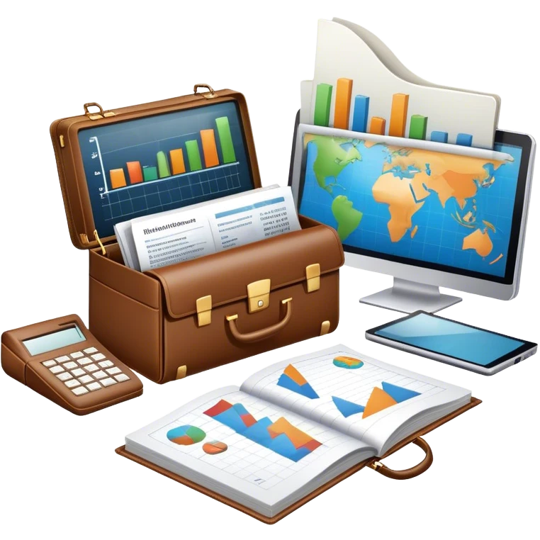 Icon for Business Reading: an open book with a graph and financial charts, a briefcase, a calculator, and a laptop nearby. The icon should represent the world of business, finance, and professional growth. Transparent background. emoji