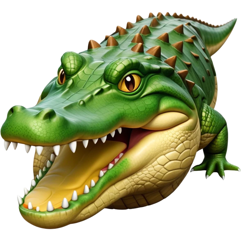 cinematic-crocodile-realistic-full-body-on all fours-emoji,-massive-scaled-body-partially-submerged-in-shallow-water,-head-tilted-dramatically,-rough-green-and-brown-hide-textured-with-deep-ridges,-simplified-yet-realistic-focused-features, head held high emoji