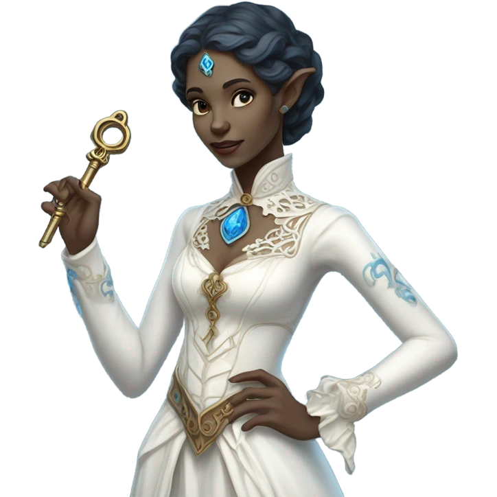elf blue witch woman login holding a big key in white victorian dress, full body emoji