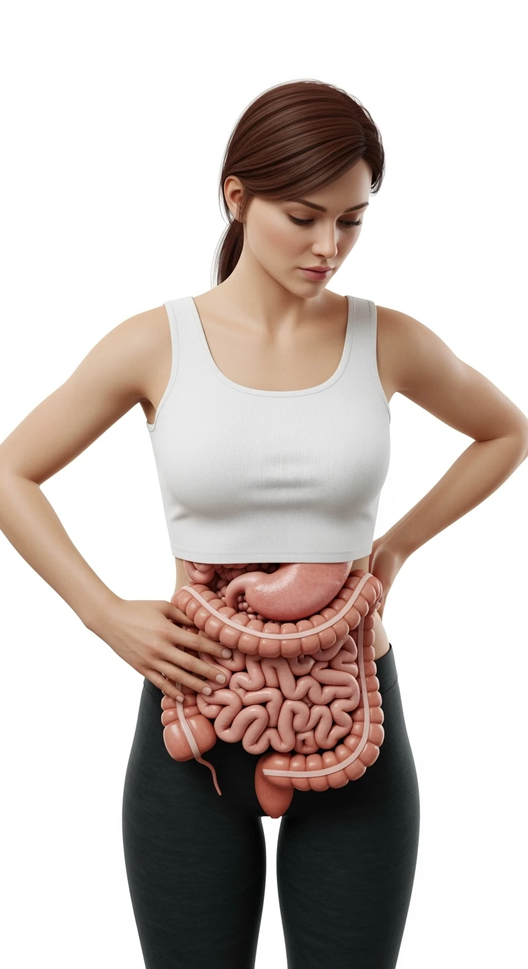 DONNA CHE SI STRINGE I FIANCHI CON LE MANI PER MISURARLI, INTESTINO ANATOMICO REALISTICO IN EVIDENZA, iperrealistico 4k, SENZA METRO, ISOLATA SU SFONDO BIANCO emoji