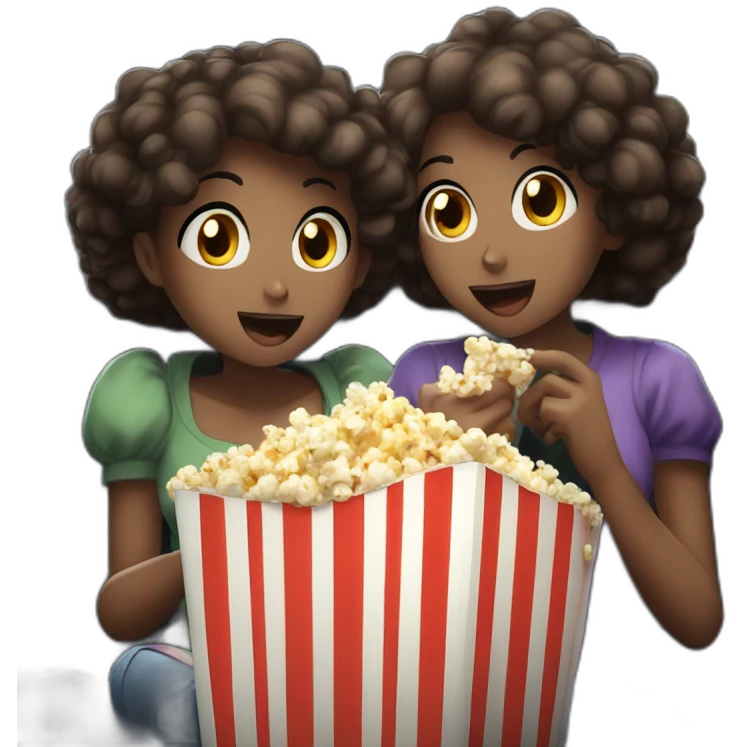 three anime girls watching movie at the cinema eating popcorn, dark background emoji