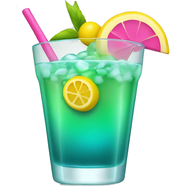 Bluish green cocktail with pink and yellow emoji