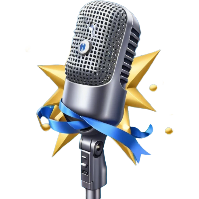 Create a vibrant and dynamic emoji that represents pop vocal performance. The design should feature a close-up of an iconic pop microphone, surrounded by a stage with concert lighting, but without people. Include elements like fireworks or a confetti explosion in the background to symbolize the excitement of a live performance. Add a costume with sparkling rhinestones and a ribbon made of musical notes to emphasize the glamorous and showy nature of pop singing. Use bright colors like gold, silver, neon, and electric blue to create an energetic and festive atmosphere. The background should be transparent. emoji