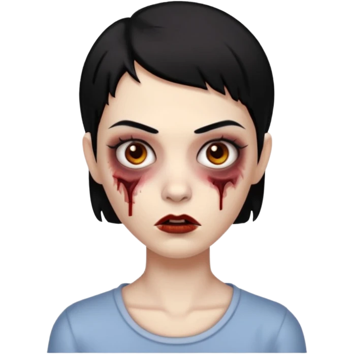Uma mulher zombi com cabelos curtos e pretos e sobrancelha fina e reta  emoji