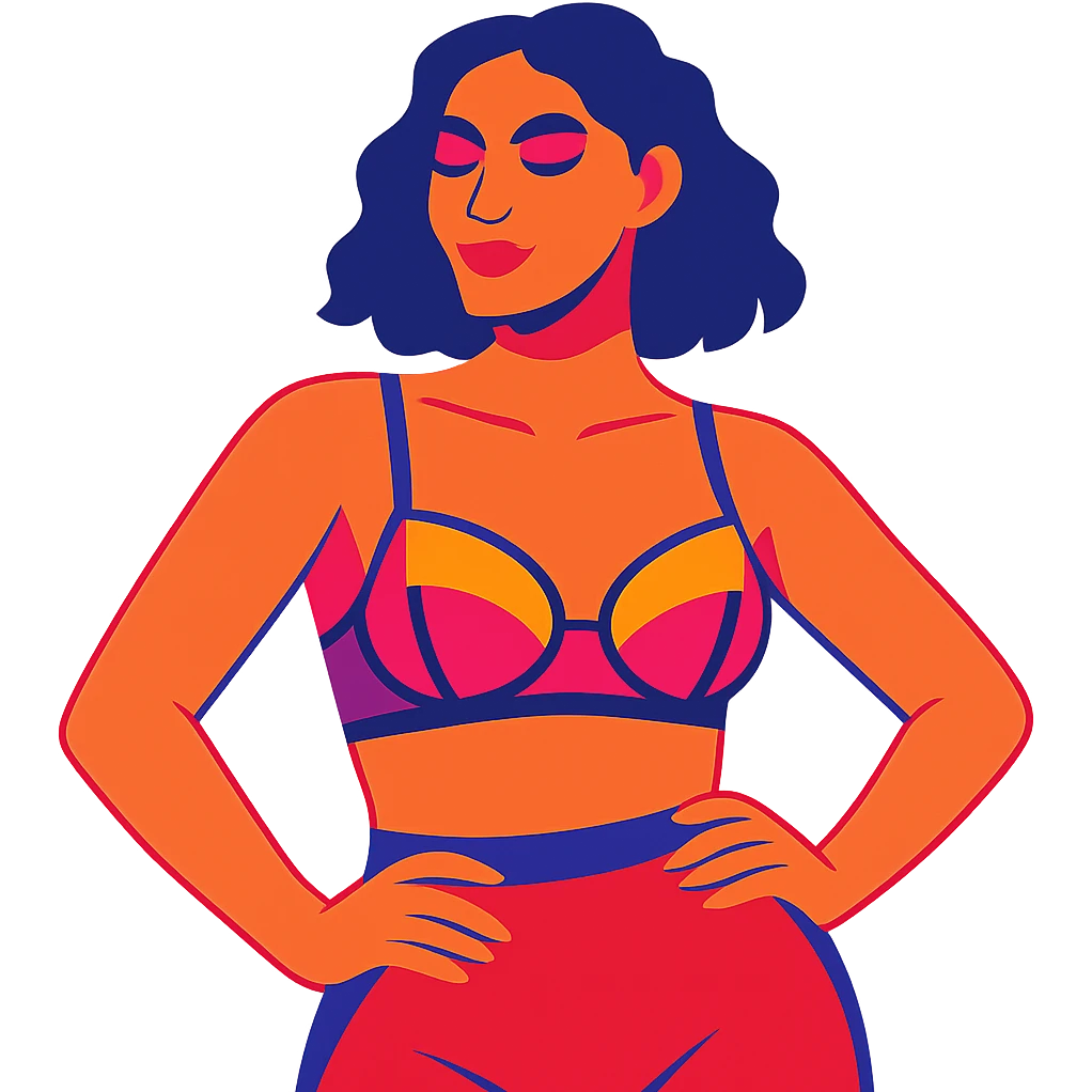 Make the illustration much more colorful with vibrant hues, keeping the modern and fashion-forward style. Maintain a tasteful and empowering vibe with no background. emoji
