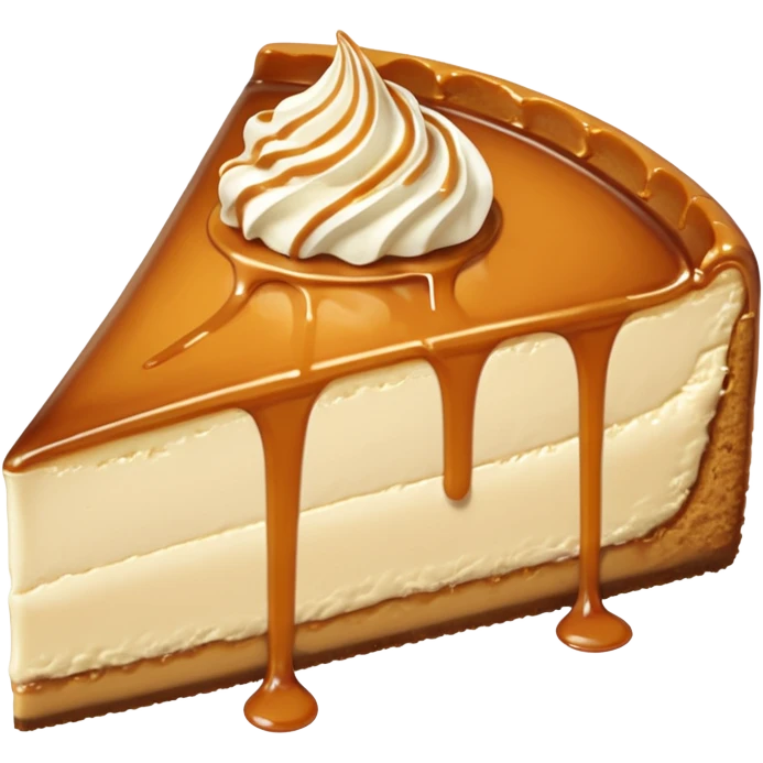 a slice of cheesecake. The base is made of light brown biscuit; the first layer of filling is caramelized dulce de leche, and the upper layer is creamy, light beige, and has a smooth texture. On top, there is a caramelized dulce de leche topping dripping down the center of the slice emoji