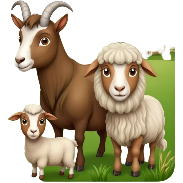 Icon for Domestic Hooved Animals: A gentle collage featuring a brown goat with large, curious eyes, a calm sheep with soft wool and a horse with a flowing mane. Background with a green pasture and a few hay bales. Transparent background. emoji