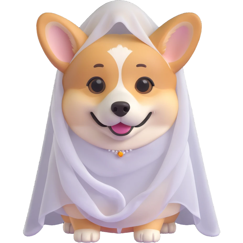 female corgi with a delicate white veil, 3d emoji style, slightly realistic fur texture emoji