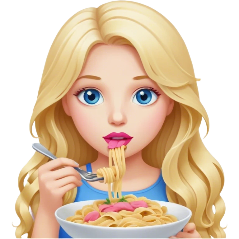 Cinematic realistic blonde with long hair, blue eyes and pink lips eats pasta emoji