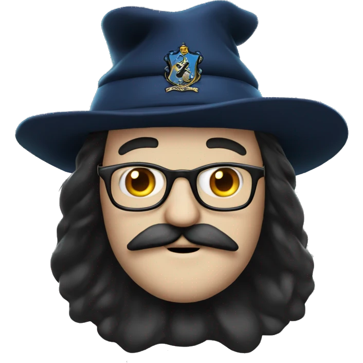 componist, man with white skin,hair is straight and black, a black mustache, glasses, with a magic hat, ravenclaw emoji