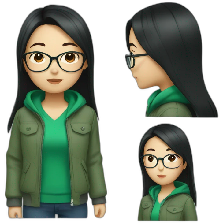 Asian girl with long black hair and glasses wearing green jacket emoji